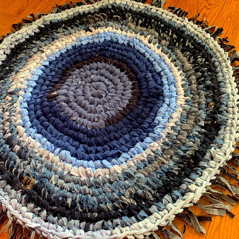 Handmade, upcycled fabric rug. ‘Shades of Blue’ #35